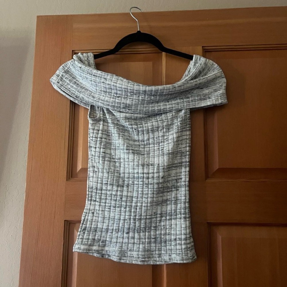 Express Plaid Off-Shoulder Top in white and gray